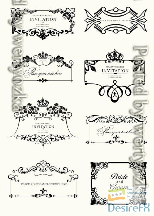 Vector set of ornate vector frames and ornaments with sample text perfect as invitation