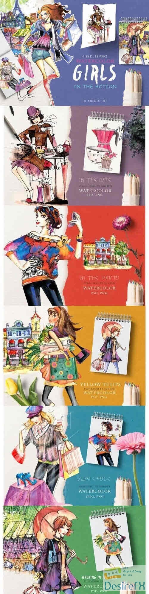 Watercolor Girls in the Action