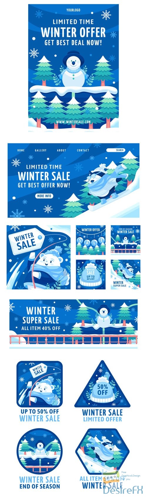 Winter Season Sales - Hand Drawn Flat Marketing Vector Templates Pack