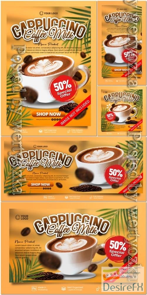 PSD cappuccino coffee milk special drink with decoration social media post webiste banner template