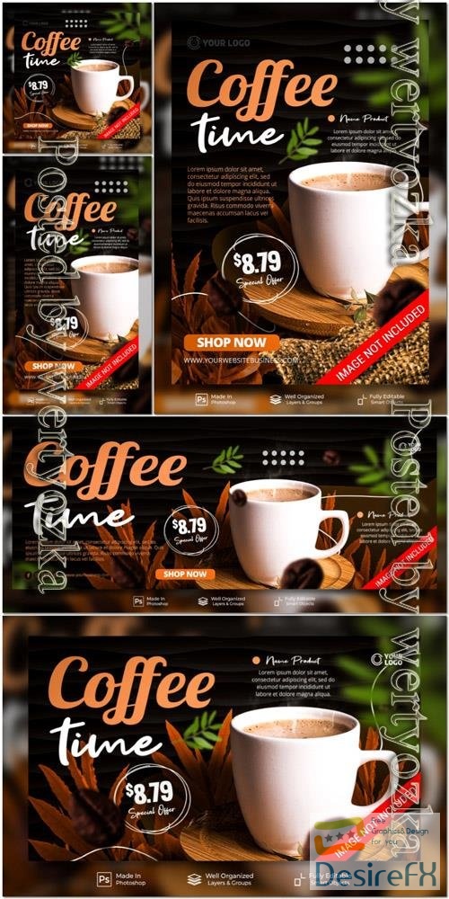 PSD coffee time best coffee menu in town for promotion social media instagram post stories banner template