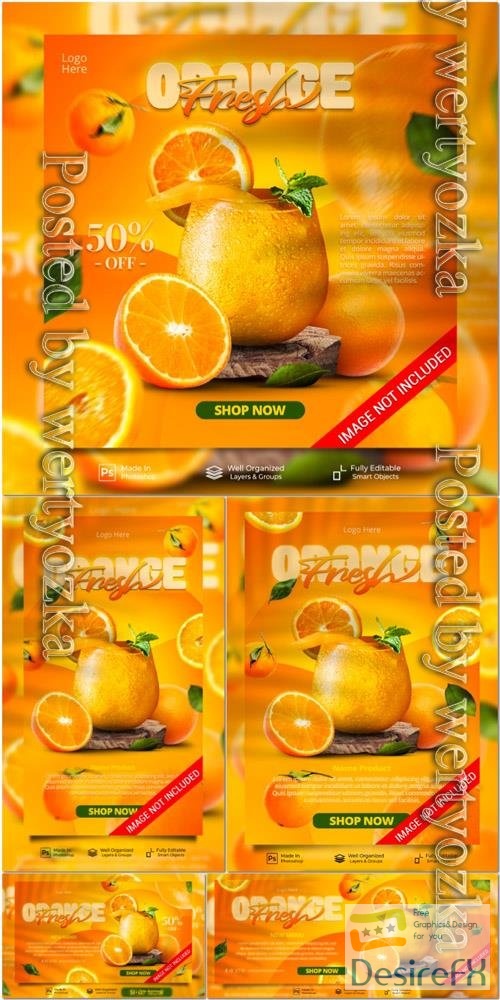 PSD fresh orange juice summer drink menu for promo social media instagram post website banner template