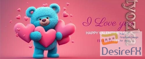 PSD happy valentines day bear banner, holiday romantic background mockup with decorative