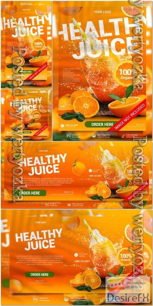 PSD healthy orange juice summer drink menu for promotion poster flyer banner template