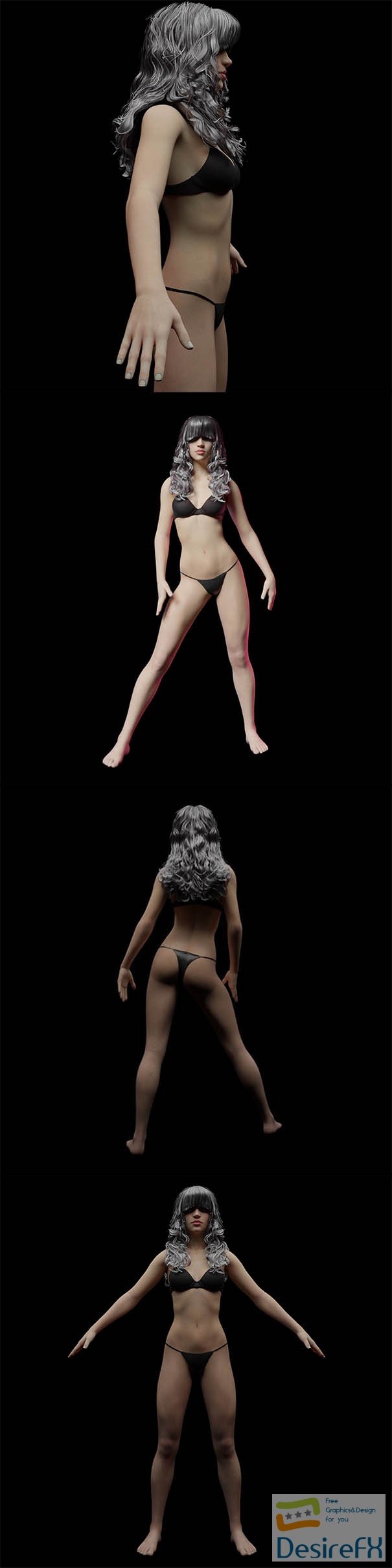 Sexy woman with long curly hair in thongs 3D Model
