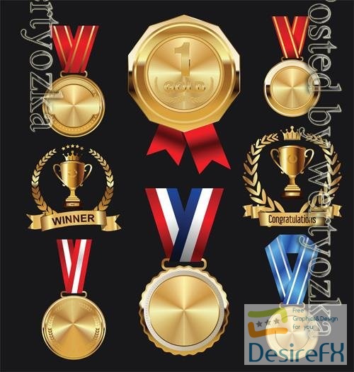 Vector champion golden medal with red and blue ribbon icon sign first place