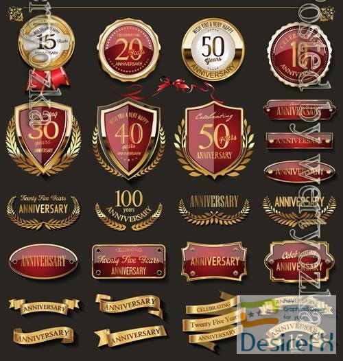 Vector collection of elegant red and gold anniversary badges a