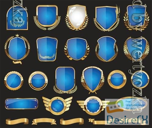 Vector golden shields laurel wreath badge and labels retro design collection