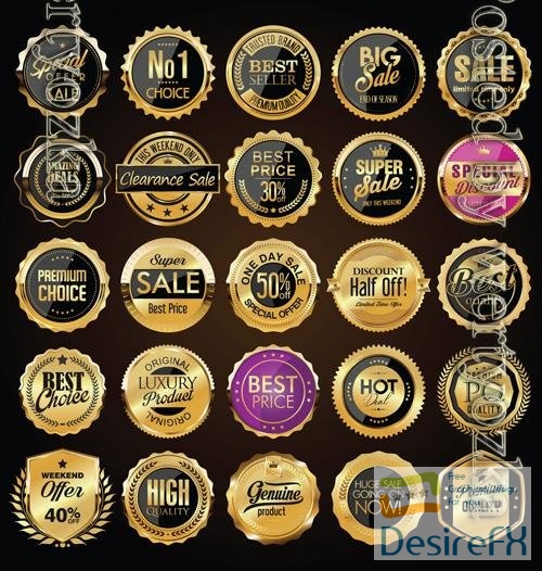 Vector retro vintage golden badges and labels collection