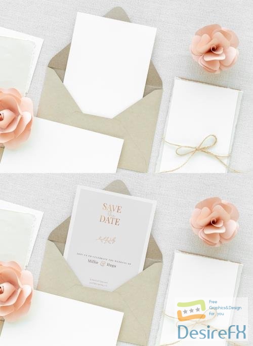 Adobestock - Wedding Card Template Mockup with Pink Roses 433131335
