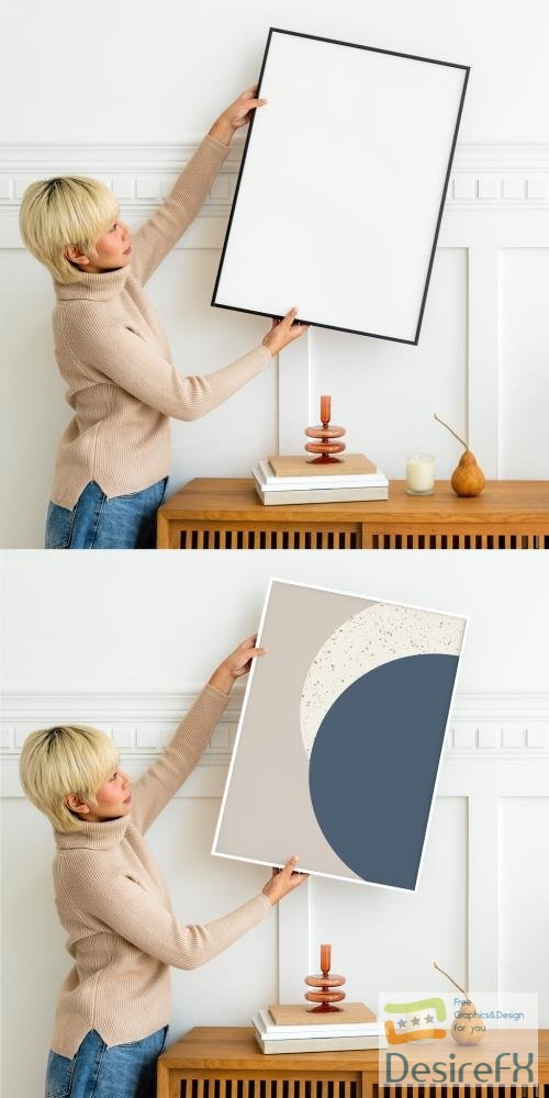 Adobestock - Woman Hanging Mockup Frame on a Wall 435656205