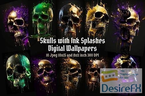 Skull with Ink Splashes Digital Wallpapers, Wall Art  - 2473026