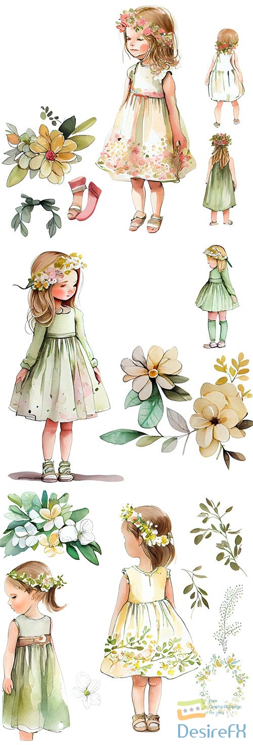 Watercolor Spring Cute Girl Clipart Bundle