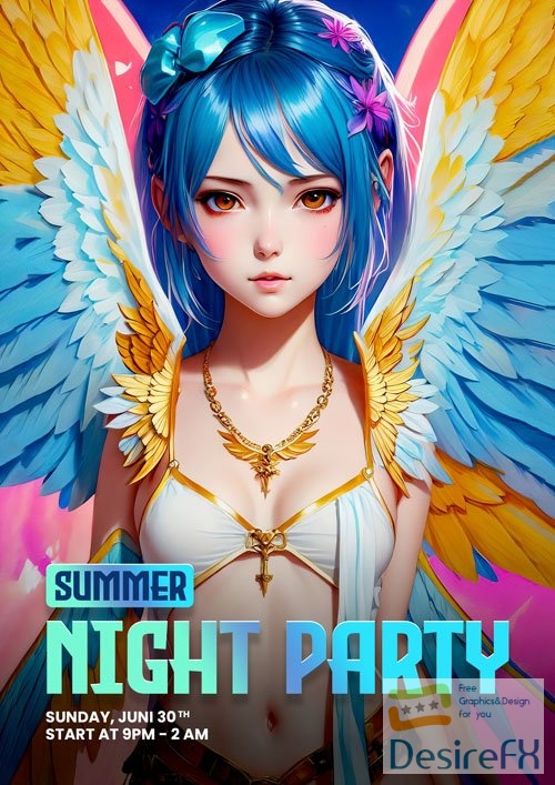 Anime girl with wings on a summer psd background