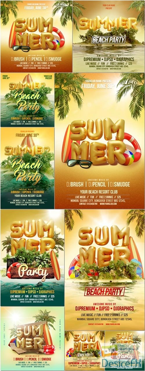 Beach summer party social media post invitation psd flyer template