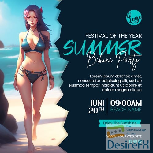 Beautiful girl in a bikini on the beach, summer psd poster