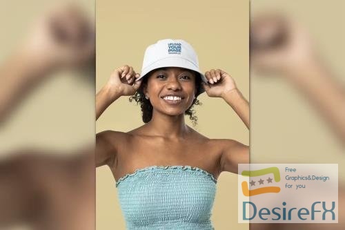 Bucket Hat Mockup Featuring a Smiling Woman