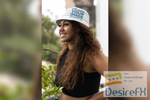 Bucket Hat Mockup Featuring a Smiling Woman