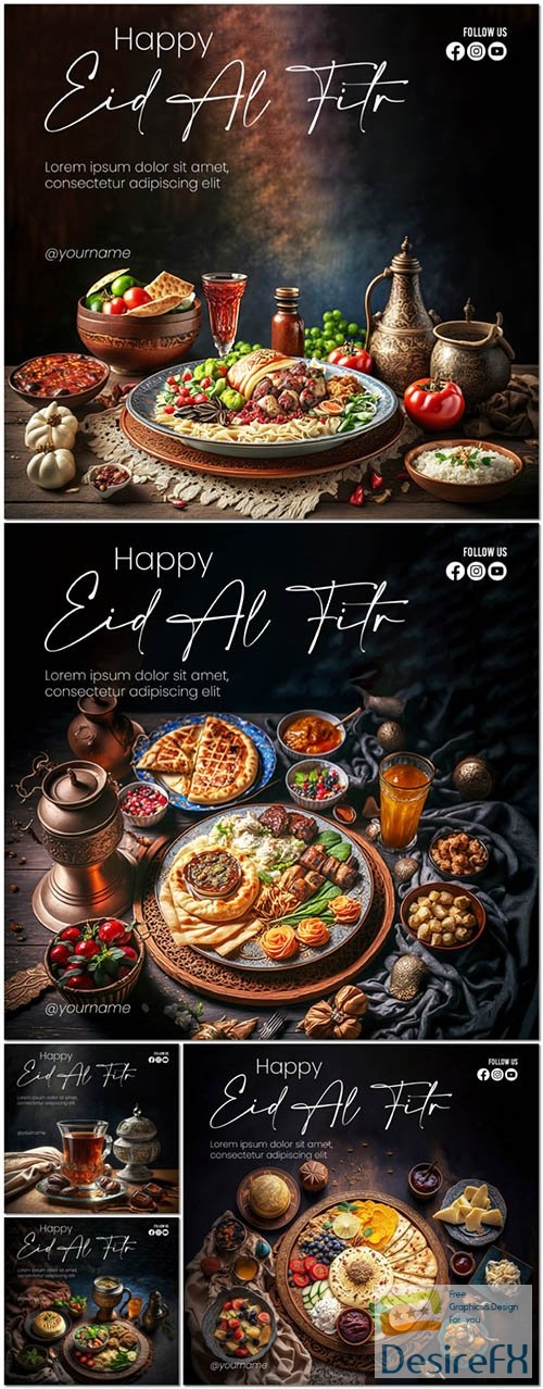 Eid alfitr poster with a background of delicious food and drinks with an islamic theme psd