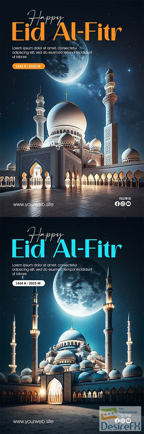 Eid alfitr psd poster with a of a mosque against the night sky