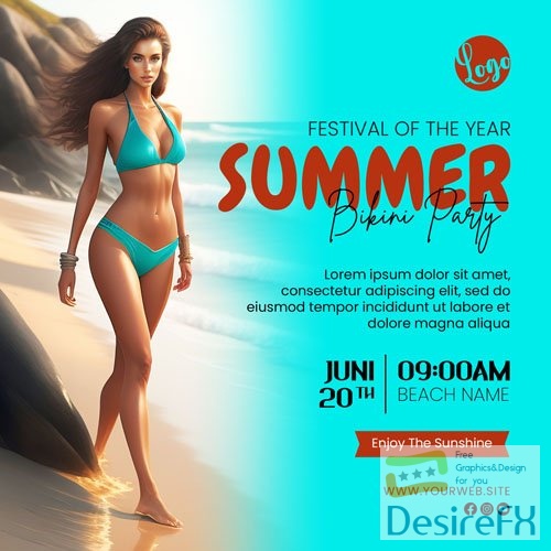 Girl in a blue bikini on the background of the sea, summer psd poster