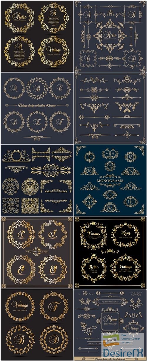 Gold vintage ornamental vector elements set