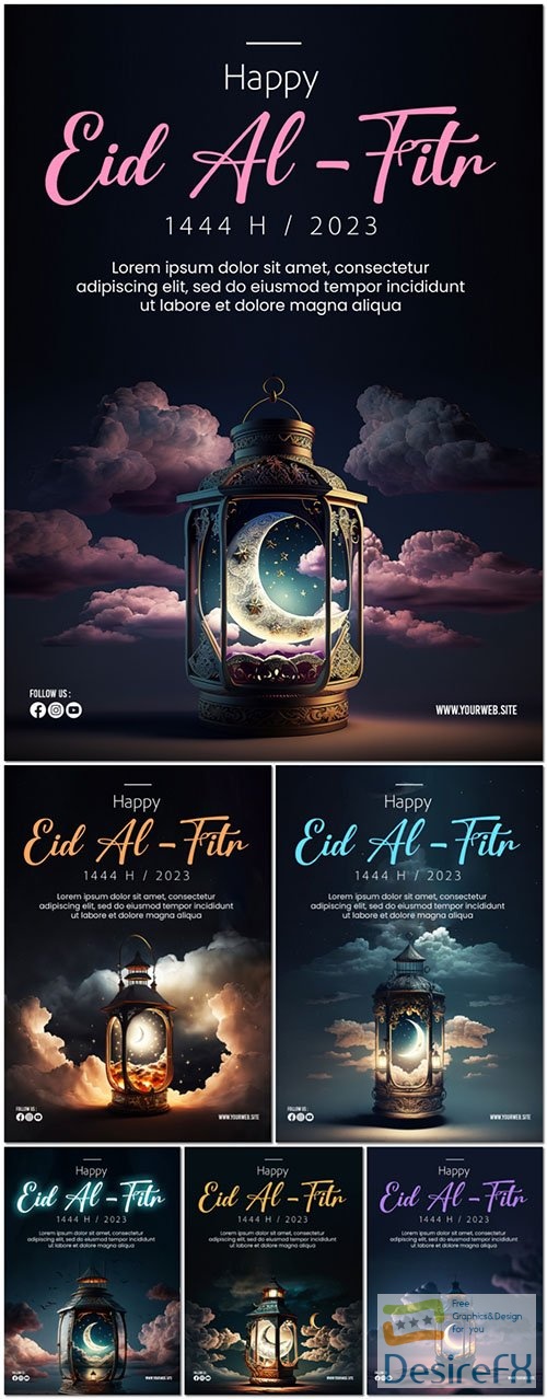 Happy eid alfitr psd poster with background of lanterns moon and clouds