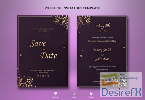 PSD beautiful invitation card templates withgold theme and flowers illustration