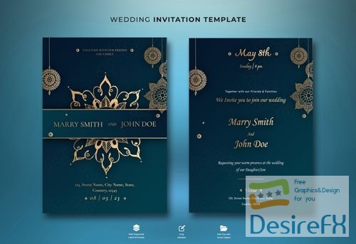 PSD beautiful wedding invitation and menu template with beautiful leaves