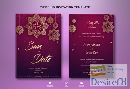 PSD beautiful wedding invitation card set template with flowers and leaves
