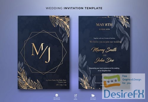 PSD gradient golden floral beautiful wedding invitation