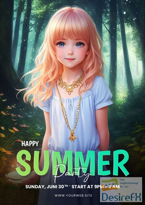 Summer psd poster with a little anime girl