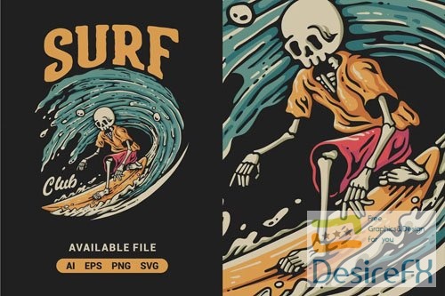 Surf Club With Skeleton Vector Illustration