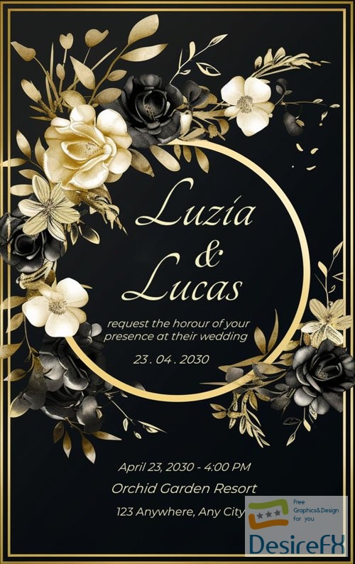 Wedding black and gold psd invitation with gold flowers and gold frame