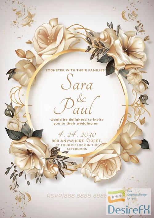 Wedding invitation with a gold psd frame and white flowers