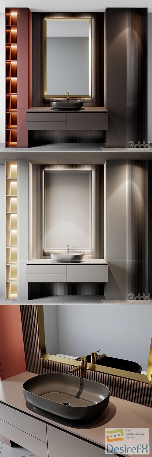 Bath Set 17 with wooden panel - 3d model