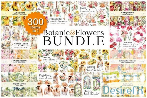 Botanical Flowery Watercolor Bundle - 20 Premium Graphics