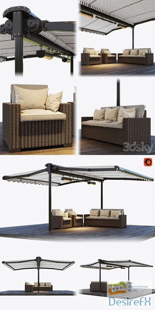 Double-sided cassette tent with rattan garden furniture - 3d model