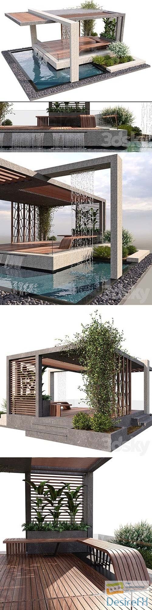 Pergola With Water & Plants - 3d model