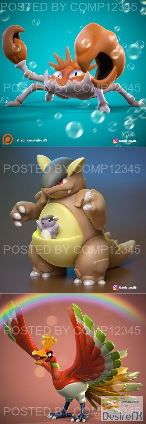 Pokemons - Kangaskhan and Ho-Oh and Kingler 3D Print