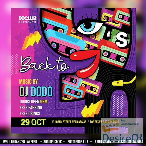PSD back to the 90s party flyer poster social media banner