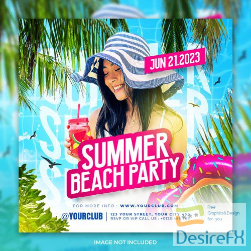 PSD club dj summer beach party flyer social media post and web banner template