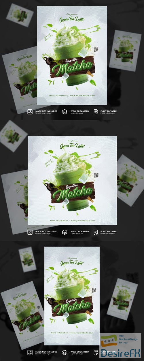 PSD creative matcha cafe drink menu promotion poster flyer template