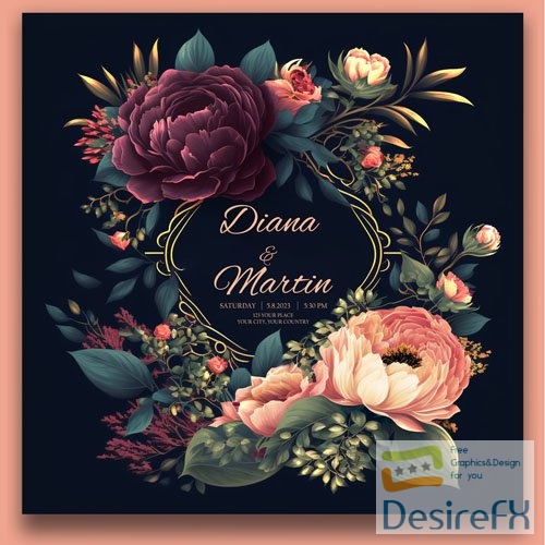 Psd dark floral wedding invitation with watercolor flowers royal themed wedding invitation
