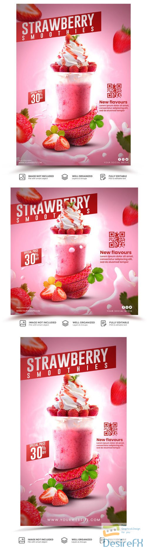 PSD strawberry smoothies drink menu flyer template