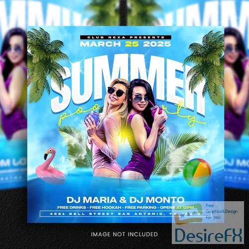PSD summer pool party flyer social media template or web banner