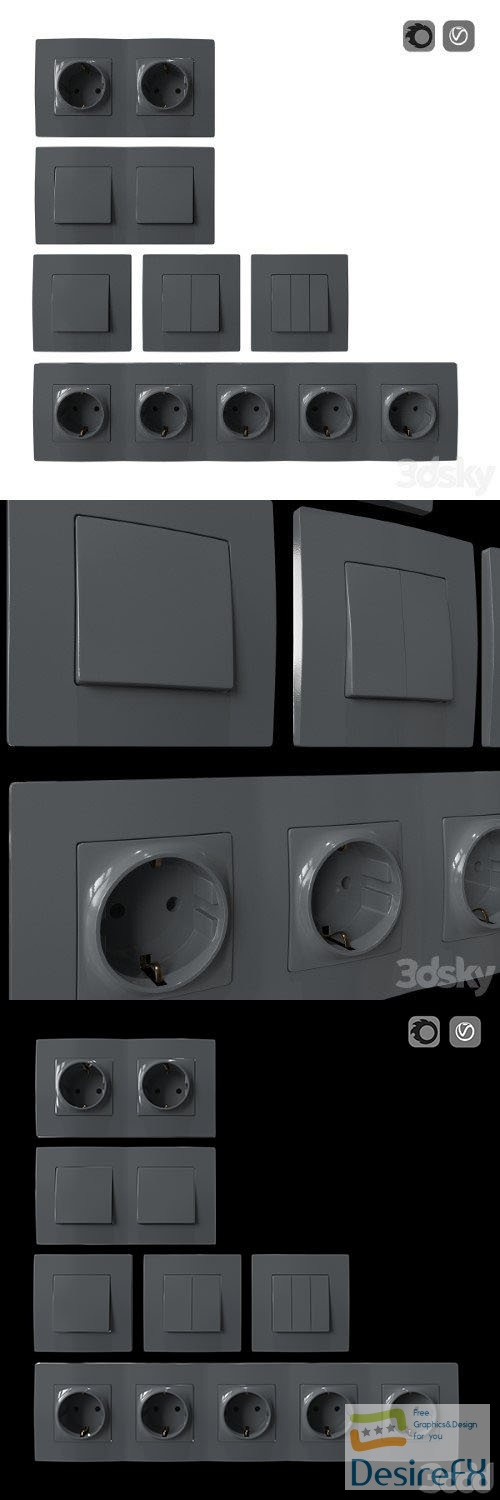Set of sockets and switches gray - 3d model