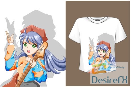Vector mockup t-shirt cartoon anime girl with guitar
