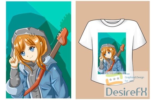 Vector mockup t-shirt guitarist anime girl