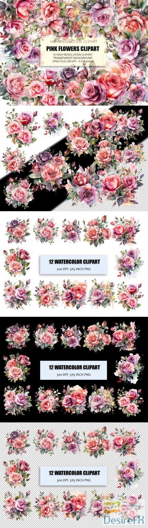 Watercolor Pink Flowers Clipart Collection
